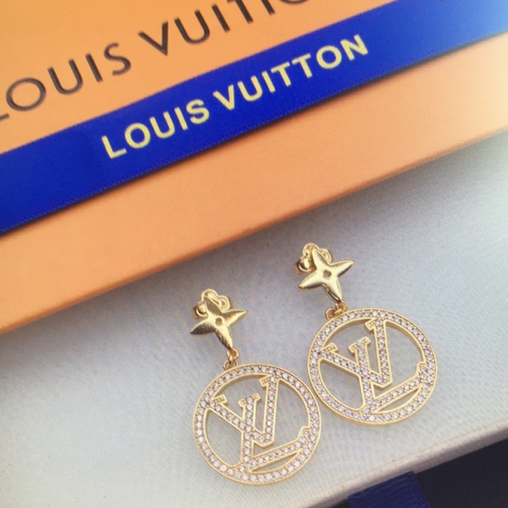 Louis Vuitton Gold Logo Drop Earrings with Crystal Pavé